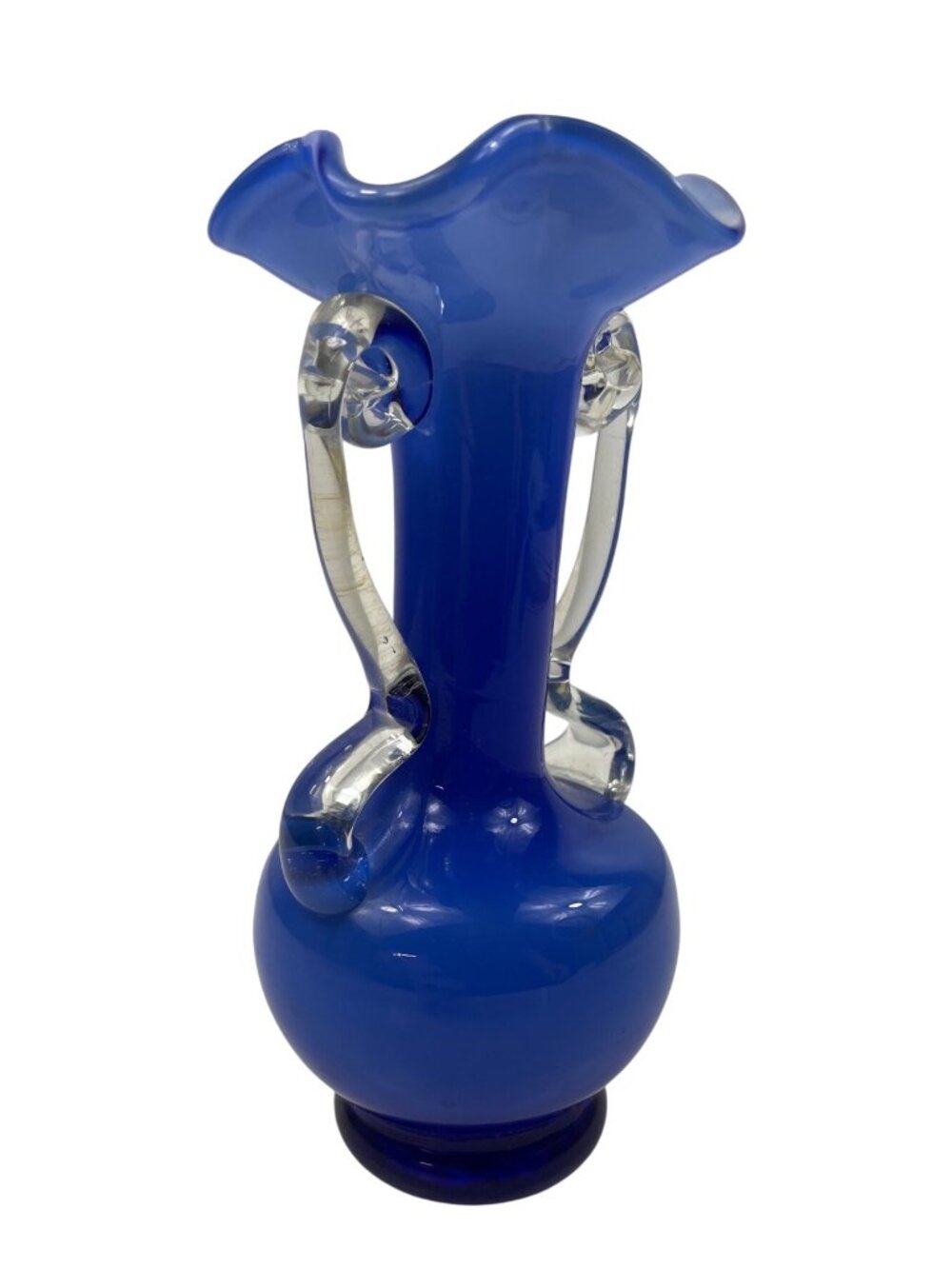 Handmade Cobalt Blue Glass Vase With Clear Swirl Handles & Ruffled Rim - Picture 8 of 12